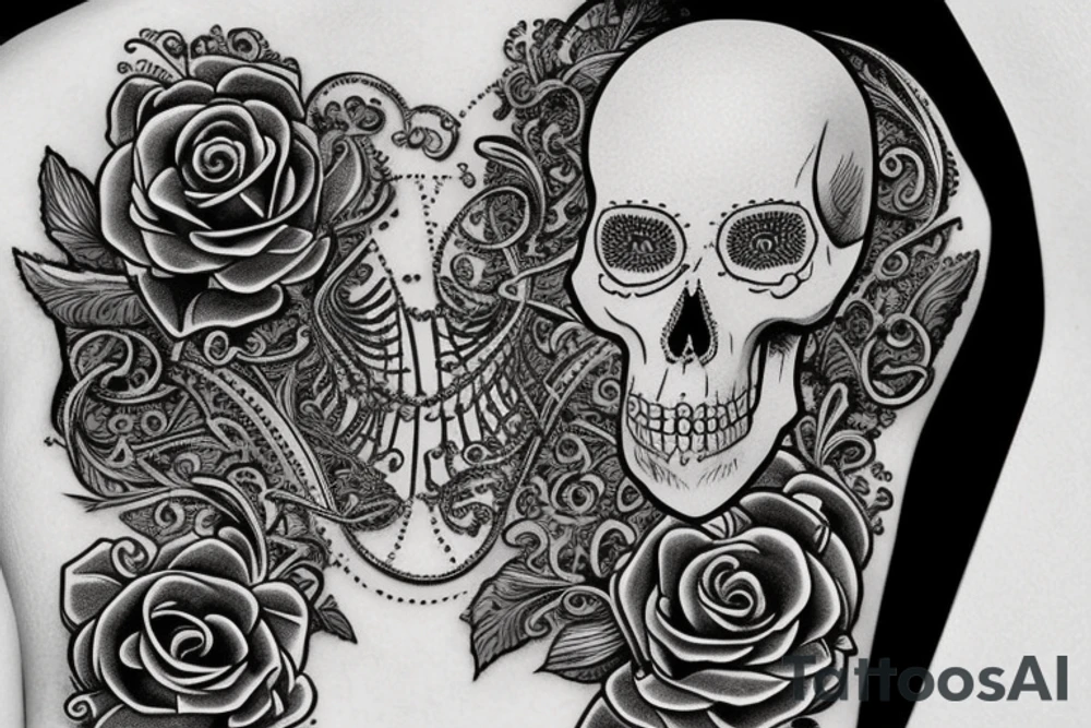 victorian filigree tattoo with a woman with half a skull for a face, a raven, and a skeleton key tattoo idea