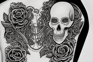 victorian filigree tattoo with a woman with half a skull for a face, a raven, and a skeleton key tattoo idea