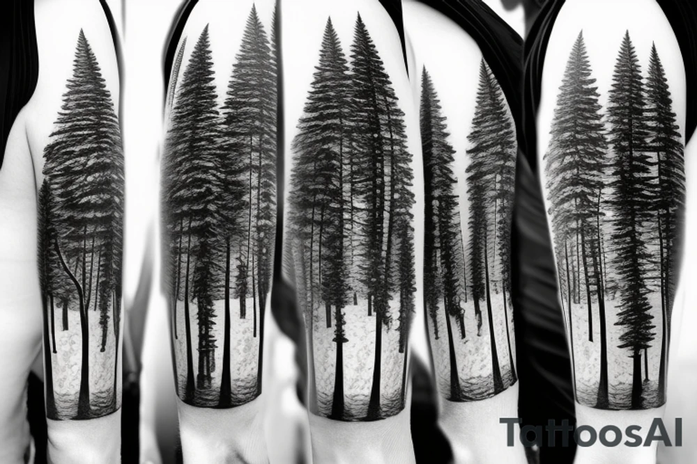 Pine trees, bear, winter, family, river, Maine, Wisconsin tattoo idea