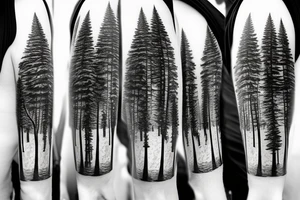 Pine trees, bear, winter, family, river, Maine, Wisconsin tattoo idea