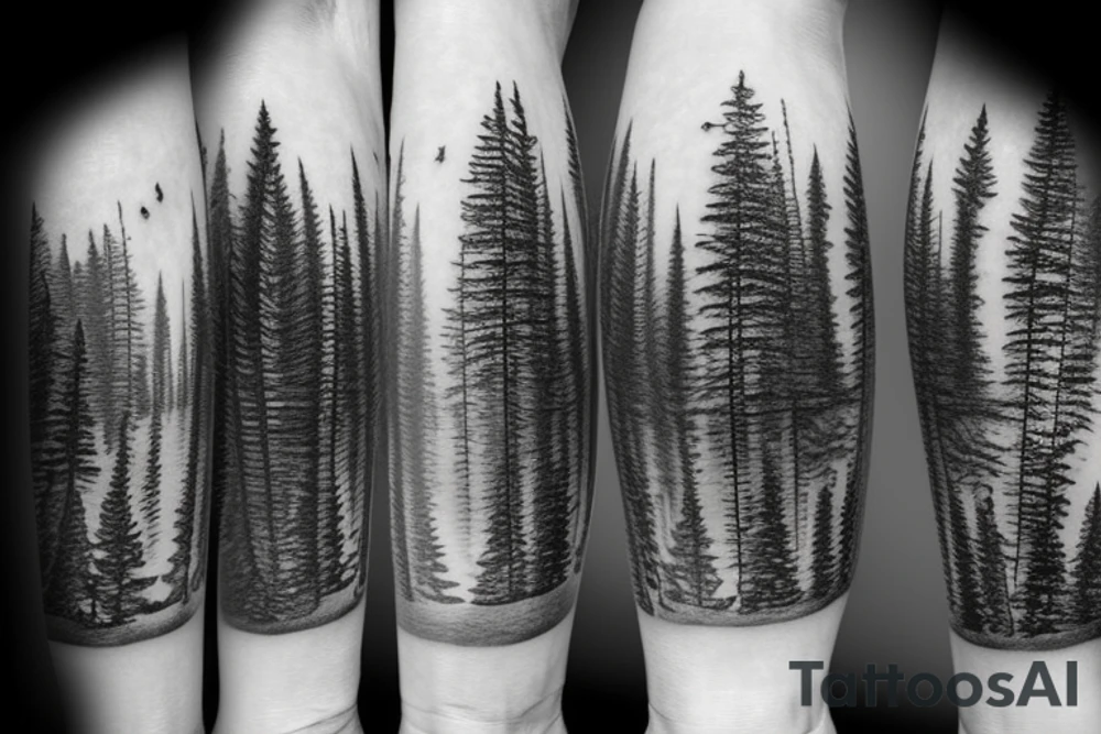 Pine trees, bear, winter, family, river, Maine, Wisconsin tattoo idea