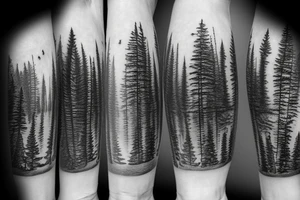 Pine trees, bear, winter, family, river, Maine, Wisconsin tattoo idea