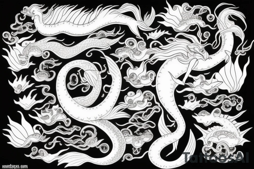 A mermaid but with the tail of a water dragon with Japanese elements tattoo idea