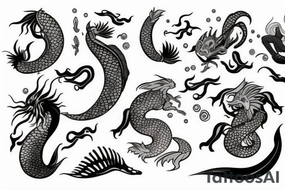 A mermaid but with the tail of a water dragon with Japanese elements tattoo idea