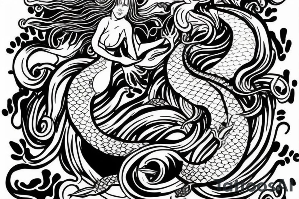 A mermaid but with the tail of a water dragon with Japanese elements tattoo idea