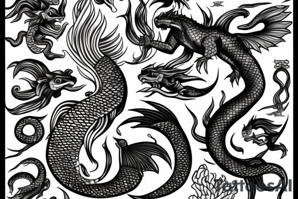 A mermaid but with the tail of a water dragon with Japanese elements tattoo idea