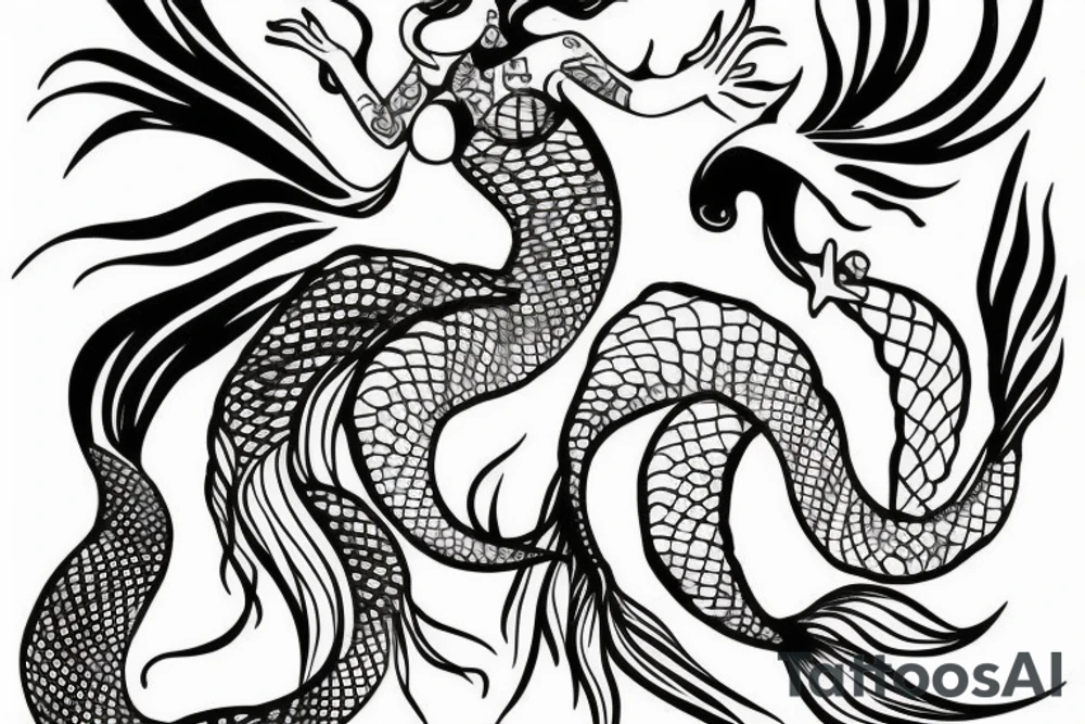 A mermaid but with the tail of a water dragon minimalist for women tattoo idea