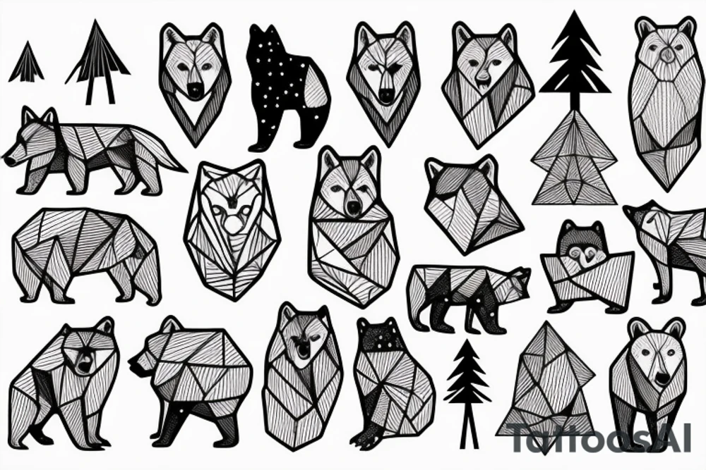 wolf pack in a forest and night sky full of stars and a bear behind with repeated geometrical shapes around it tattoo idea