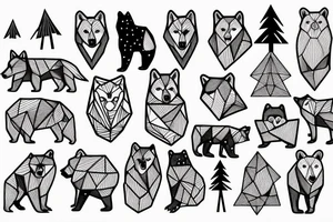 wolf pack in a forest and night sky full of stars and a bear behind with repeated geometrical shapes around it tattoo idea