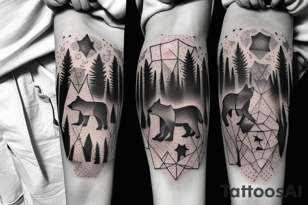 wolf pack in a forest and night sky full of stars and a bear behind with repeated geometrical shapes around it tattoo idea