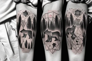 wolf pack in a forest and night sky full of stars and a bear behind with repeated geometrical shapes around it tattoo idea