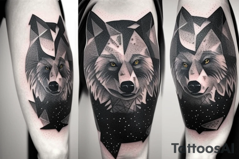 wolf pack in a forest and night sky full of stars and a bear behind with repeated geometrical shapes around it tattoo idea