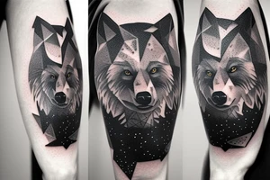 wolf pack in a forest and night sky full of stars and a bear behind with repeated geometrical shapes around it tattoo idea