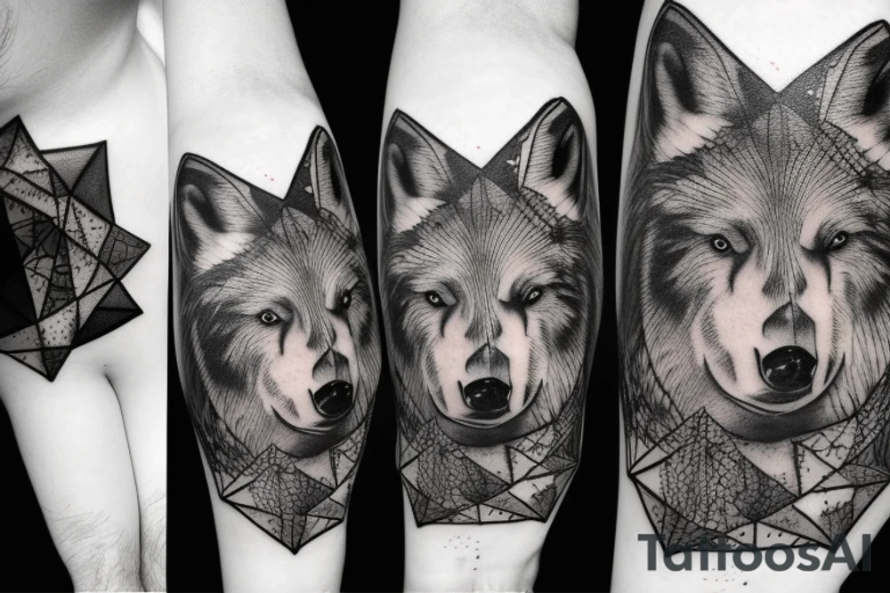 wolf pack in a forest and night sky full of stars and a bear behind with repeated geometrical shapes around it tattoo idea