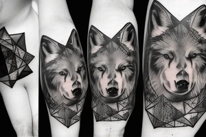 wolf pack in a forest and night sky full of stars and a bear behind with repeated geometrical shapes around it tattoo idea