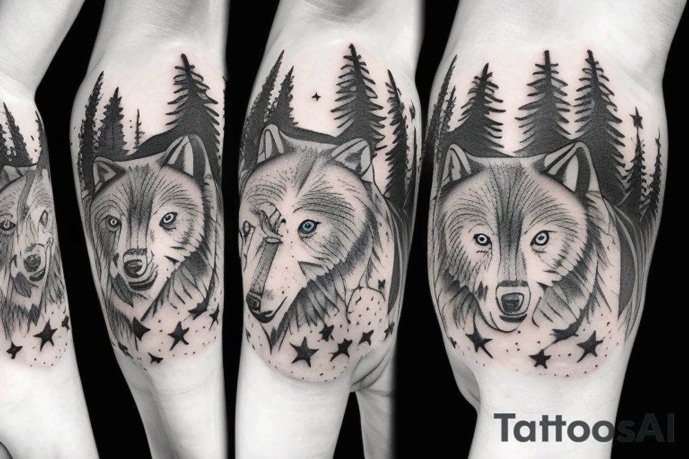 wolf pack in a forest and night sky full of stars and a bear tattoo idea
