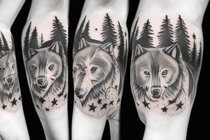 wolf pack in a forest and night sky full of stars and a bear tattoo idea