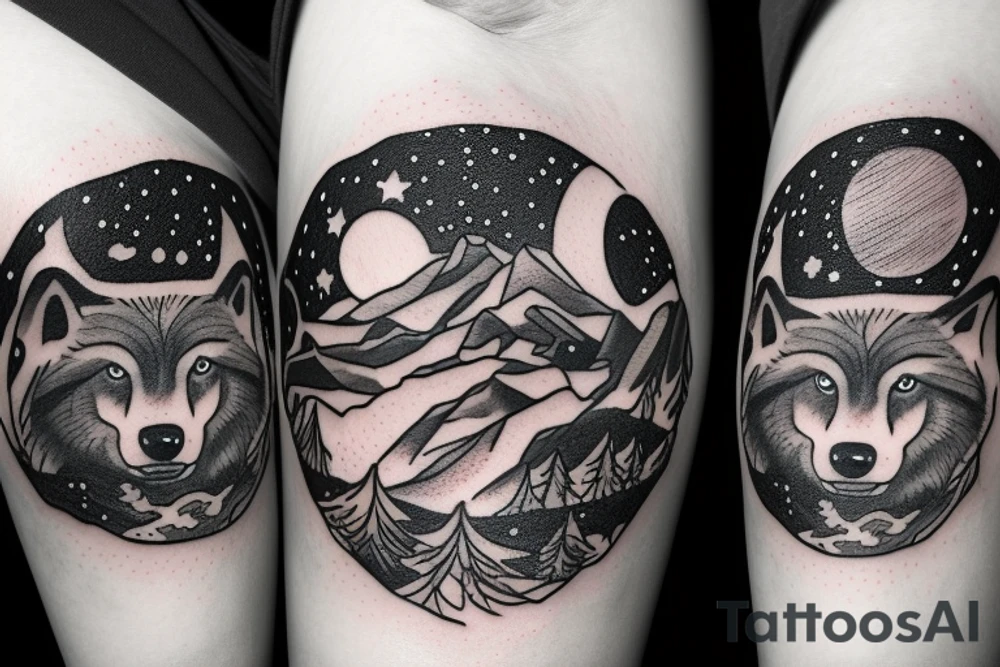 wolf and a bear in a forest and night sky full of stars tattoo idea