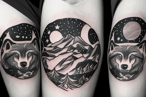 wolf and a bear in a forest and night sky full of stars tattoo idea