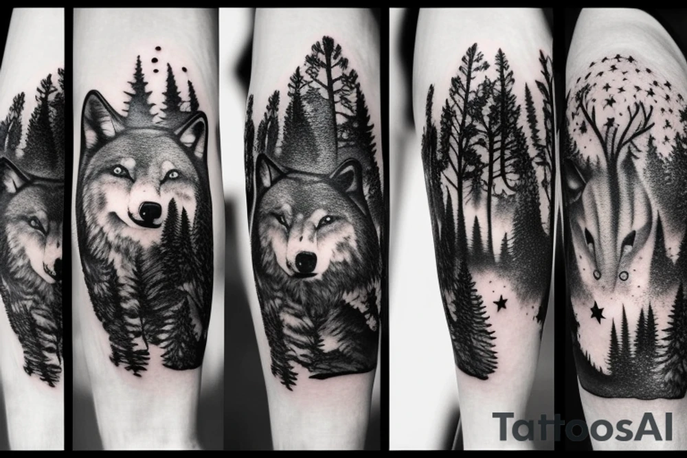 wolf and a bear in a forest and night sky full of stars tattoo idea