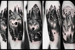 wolf and a bear in a forest and night sky full of stars tattoo idea