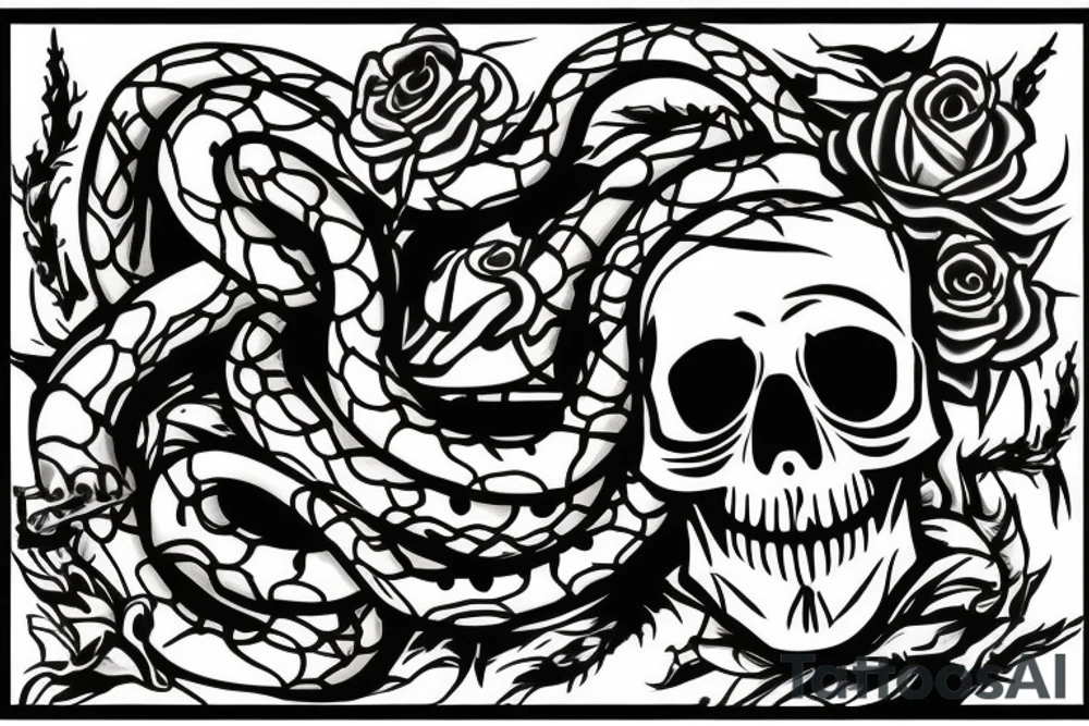 Skull with snake around and thorns tattoo idea