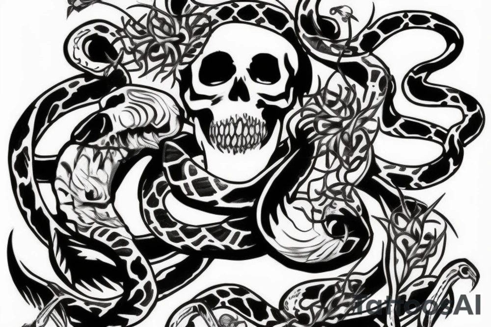 Skull with snake around and thorns tattoo idea