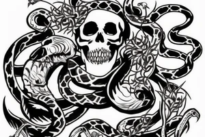 Skull with snake around and thorns tattoo idea
