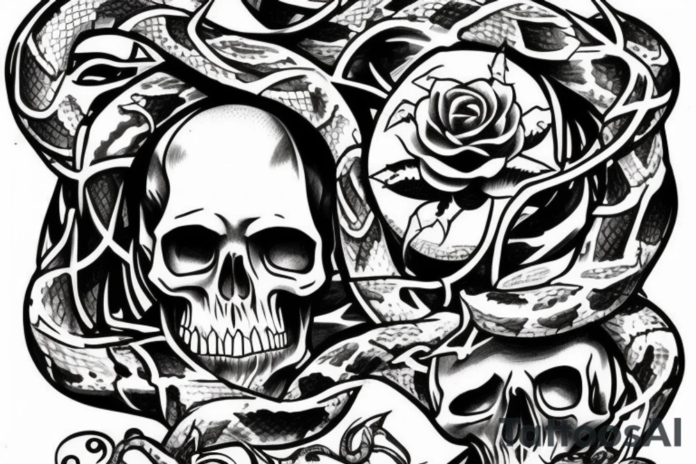 Skull with snake around and thorns tattoo idea