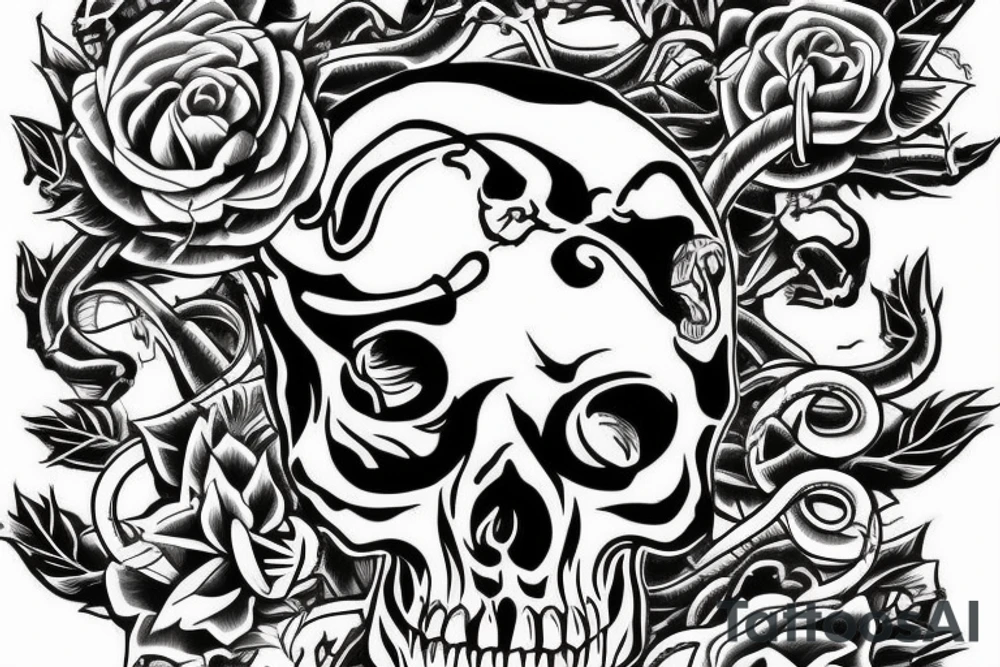 Skull with snake around and thorns tattoo idea