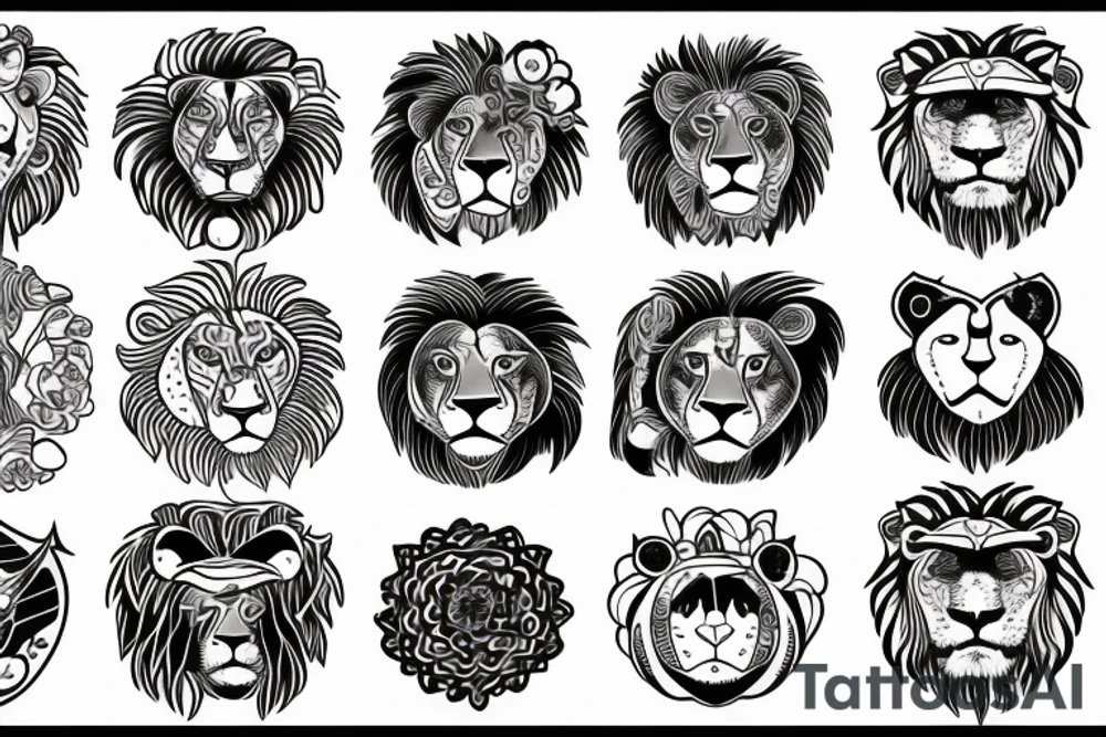 A lion with sunshine, a moon and a cloud tattoo idea