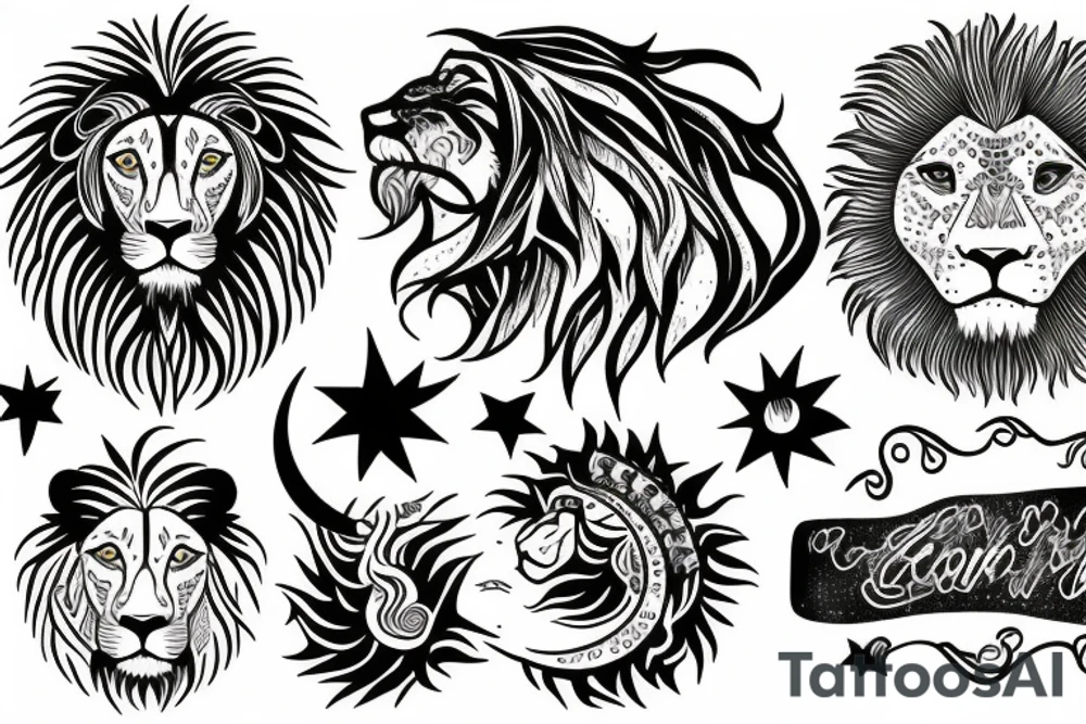 A lion with sunshine, a moon and a cloud tattoo idea