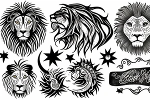 A lion with sunshine, a moon and a cloud tattoo idea