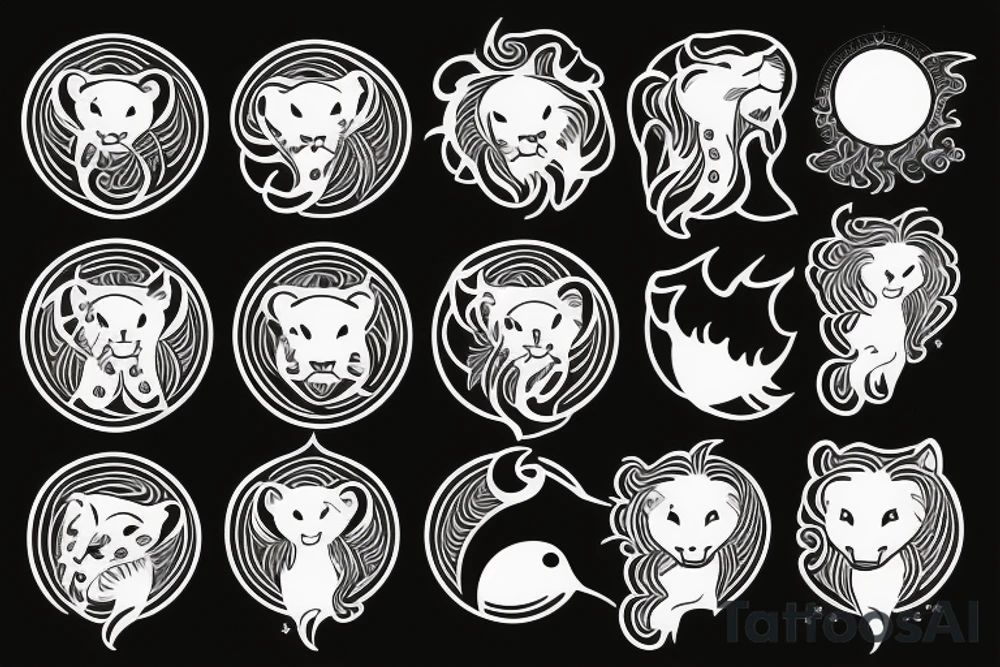 A lion with sunshine, a moon and a cloud tattoo idea
