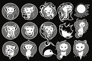 A lion with sunshine, a moon and a cloud tattoo idea