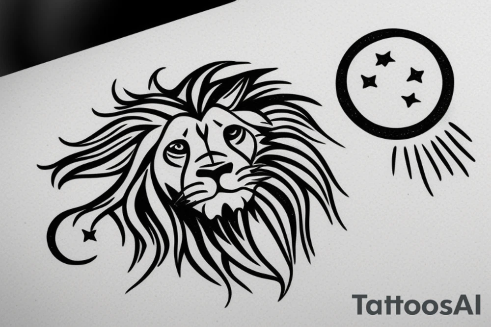 A lion with sunshine, a moon and a cloud tattoo idea