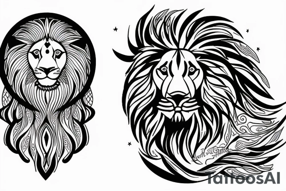 A lion with sunshine, a moon and a cloud tattoo idea