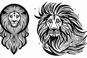 A lion with sunshine, a moon and a cloud tattoo idea