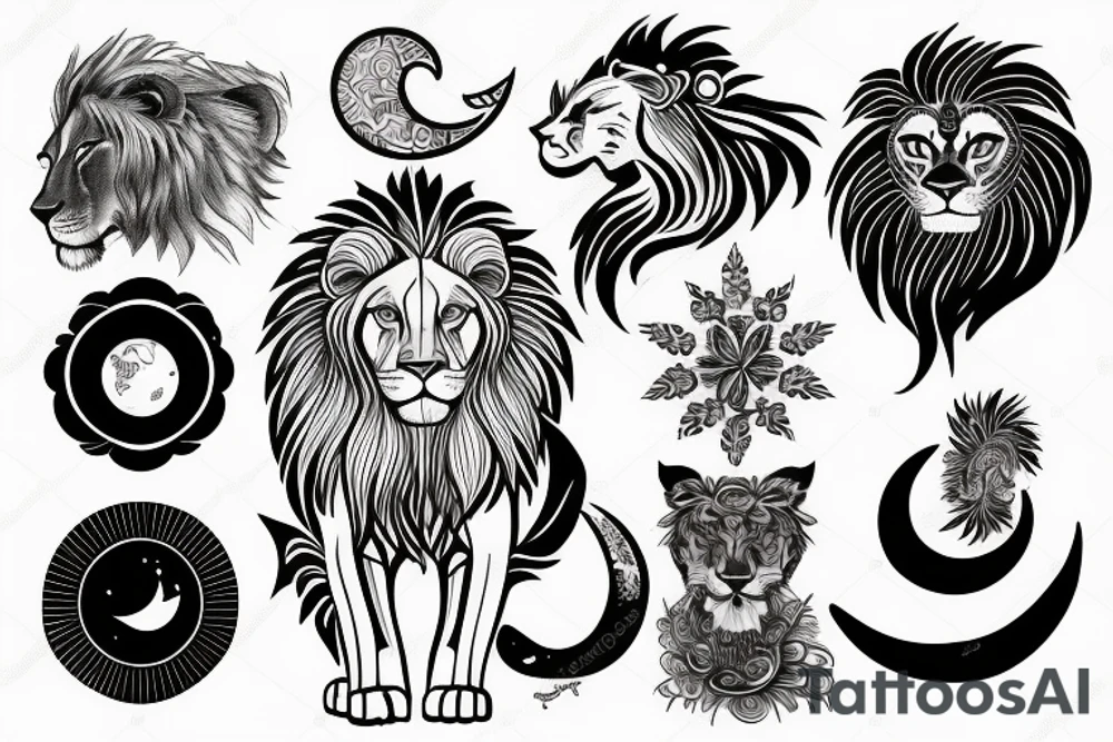 A lion with sunshine, a moon and a cloud tattoo idea