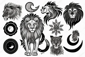 A lion with sunshine, a moon and a cloud tattoo idea