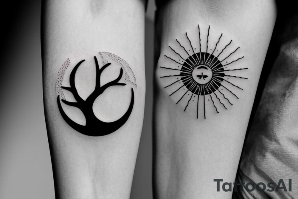 Sun, moon, tree, geometric in an arrow tattoo idea