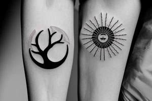 Sun, moon, tree, geometric in an arrow tattoo idea