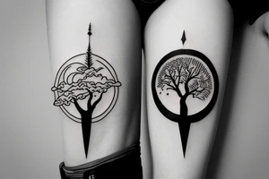 Sun, moon, tree, geometric in an arrow tattoo idea