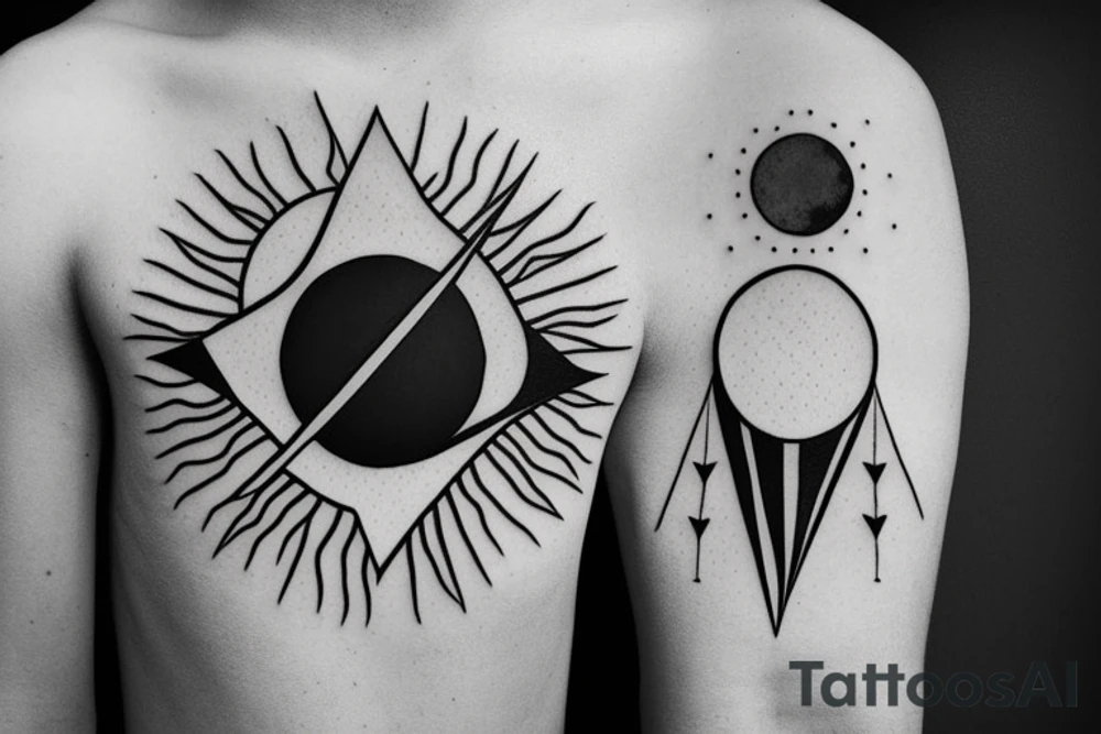Sun above moon under tree, geometric in a long arrow tattoo idea