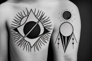 Sun above moon under tree, geometric in a long arrow tattoo idea