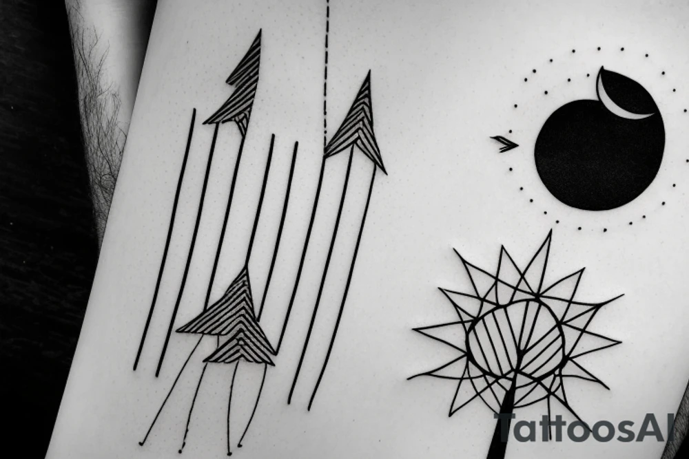 Sun above moon under tree, geometric in a long arrow tattoo idea