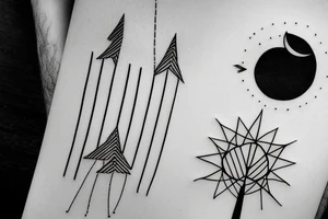 Sun above moon under tree, geometric in a long arrow tattoo idea