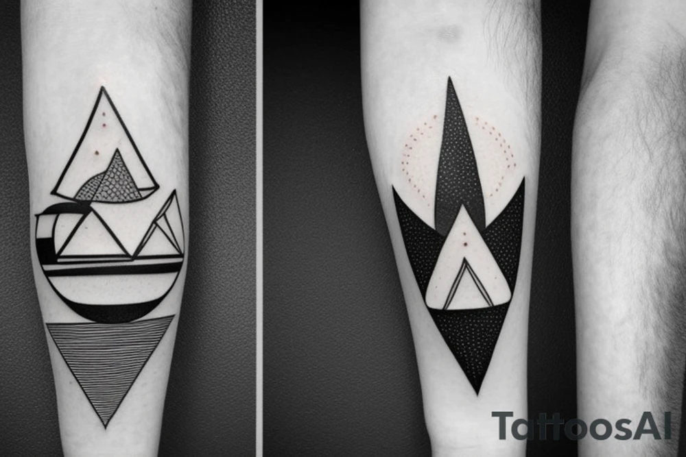 geometric triangles, tree, moon and sun on long arrow tattoo idea