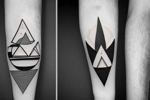 geometric triangles, tree, moon and sun on long arrow tattoo idea
