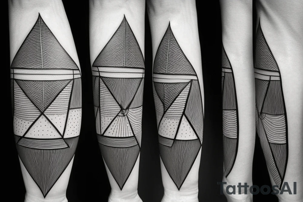geometric triangles, tree, moon and sun on long arrow tattoo idea